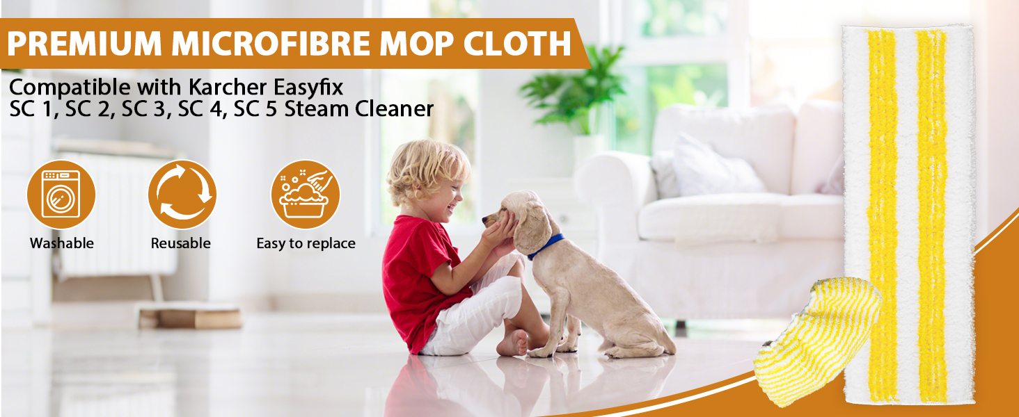 Le texte indique « CHIFFON À SERPILLIÈRE EN MICROFIBRE DE QUALITÉ SUPÉRIEURE ». Image composite montrant un chiffon de nettoyage en microfibre utilisé sur diverses surfaces, avec des détails sur le produit et des démonstrations de nettoyage.