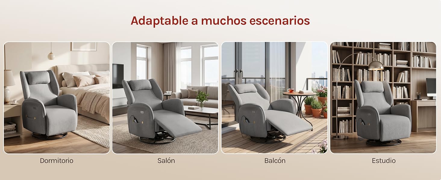 El texto dice «Adaptable a muchos escenarios». Se muestran cuatro muebles tapizados en gris: Reclinador (silla reclinable), sofá (sofá) y Cómodo (silla cómoda) que se muestran en diferentes ambientes de la habitación.