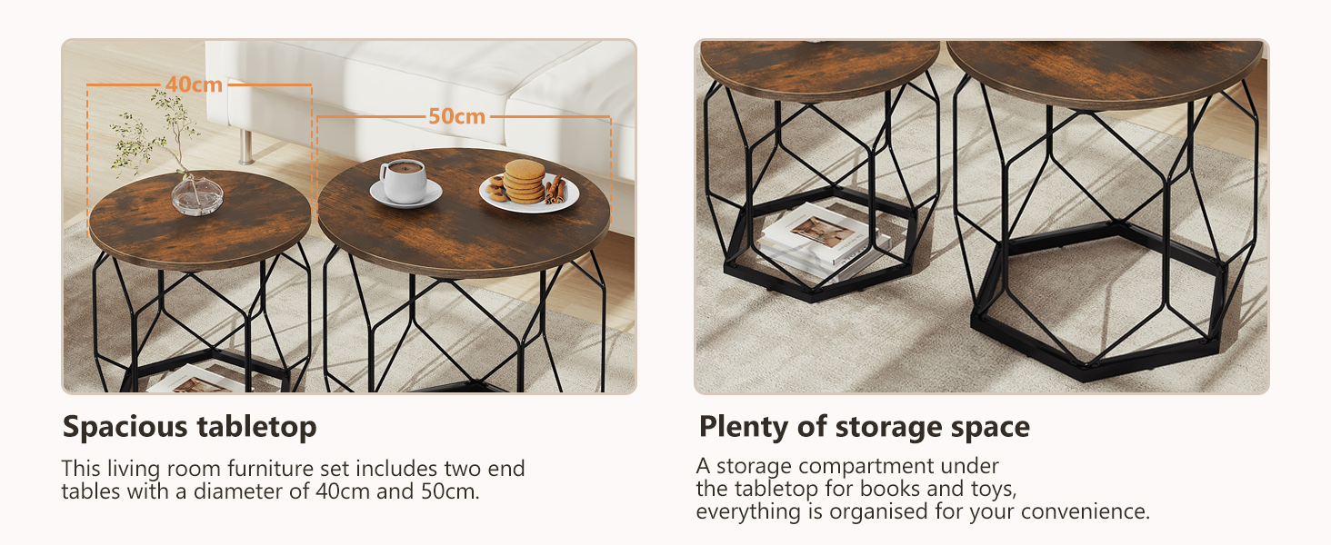 Two round wooden tables with geometric metal bases. Tables feature spacious tabletops and storage space underneath, suitable for living room or bedroom use.