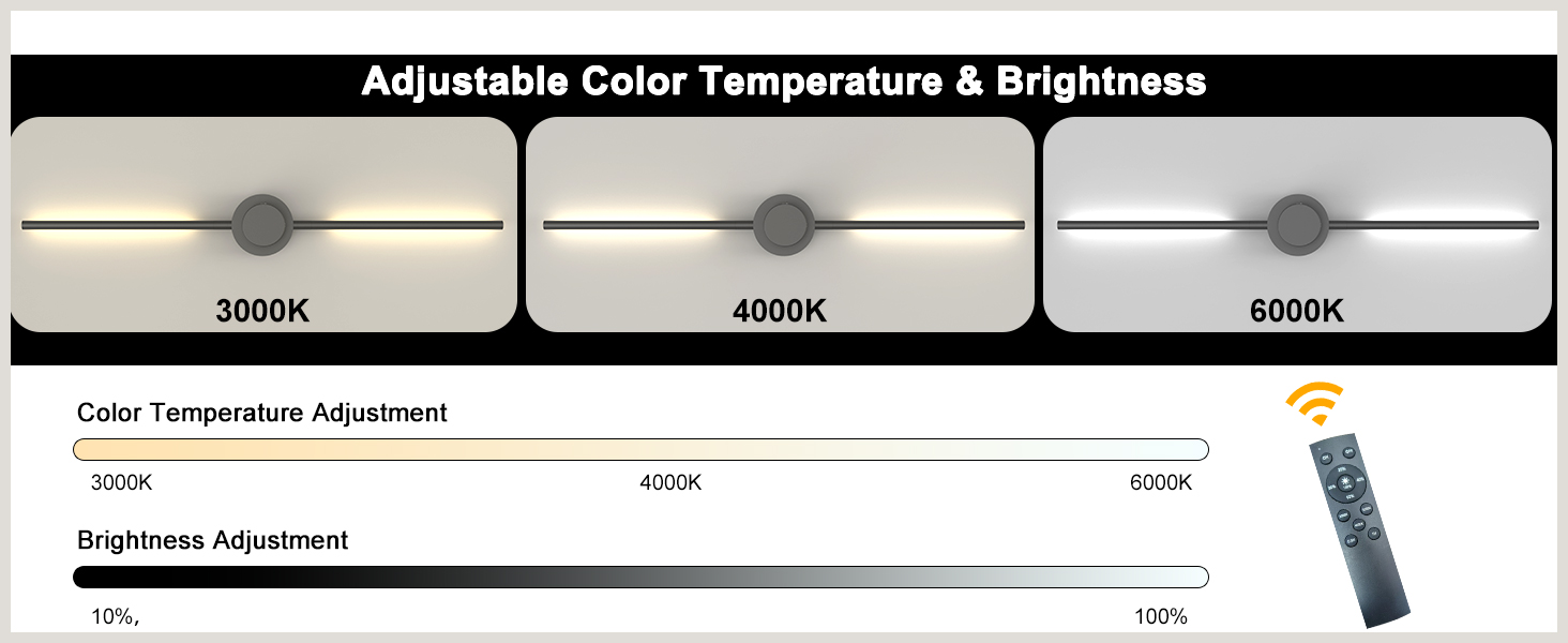 Text reads 'Adjustable Color Temperature &amp; Brightness' with slider interface controls showing temperature range from warm to cool lighting options.