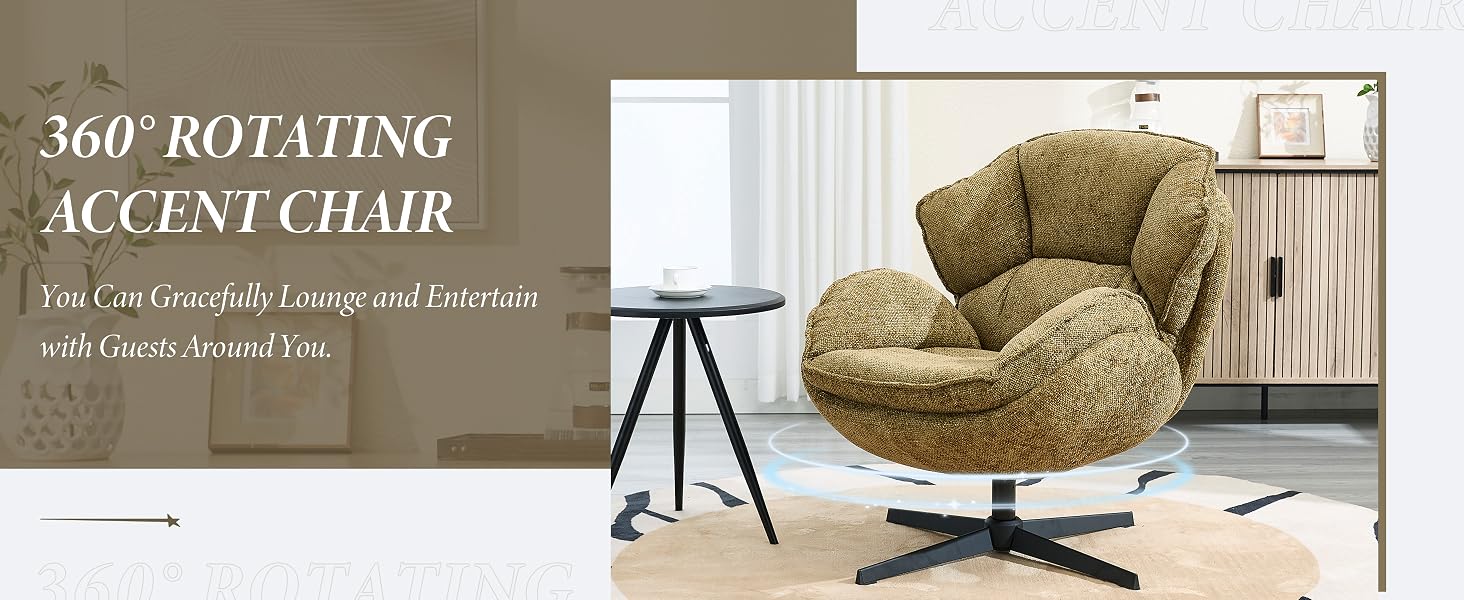 360-degree rotating accent chair with plush green floral upholstery, rounded back, and metal base. Shown in living room setting next to small black side table.