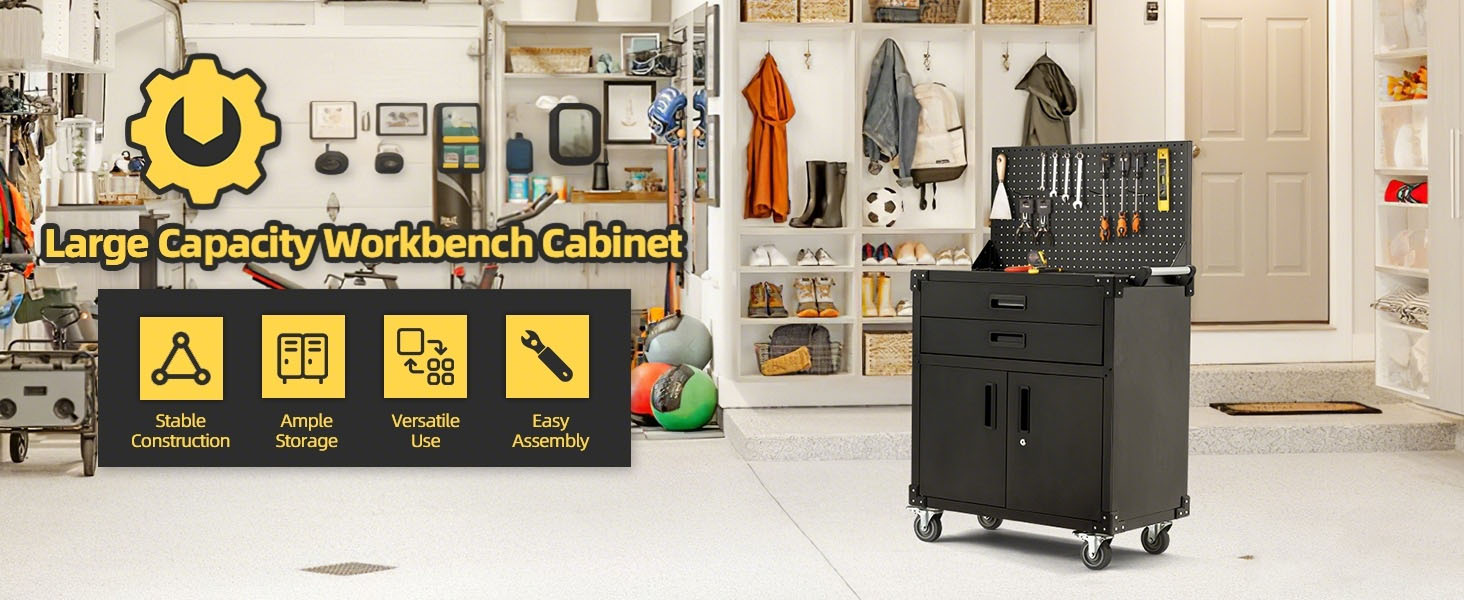Text reads 'Large Capacity Workbench Cabinet' with safety icons showing temperature, electricity, tools, and warning symbols. Black rolling tool cabinet shown in garage/workshop setting.