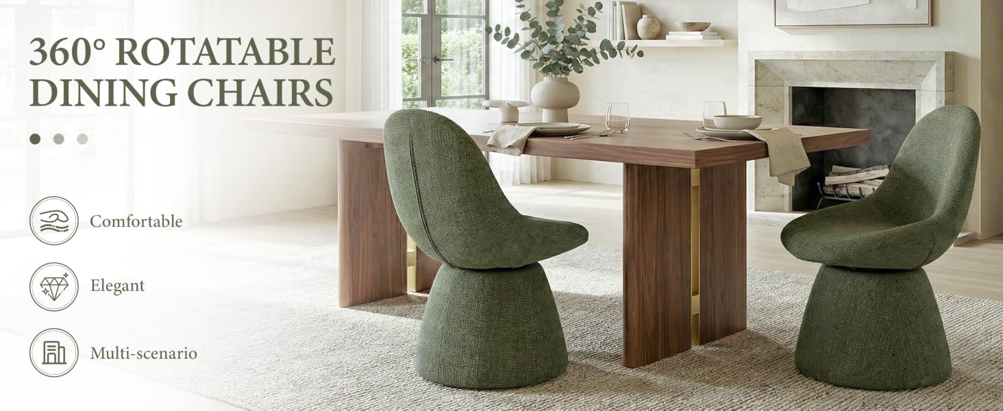 Text reads '360° ROTATABLE DINING CHAIRS'. Green upholstered swivel dining chairs shown in home setting with various angles and positioning.
