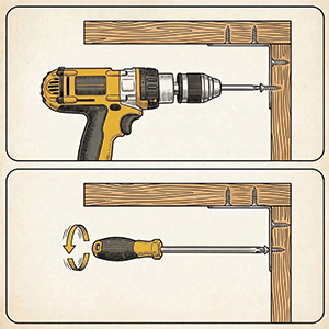 Technical illustration showing power drill storage solutions on wooden shelving or racks, demonstrated in multiple mounting positions.