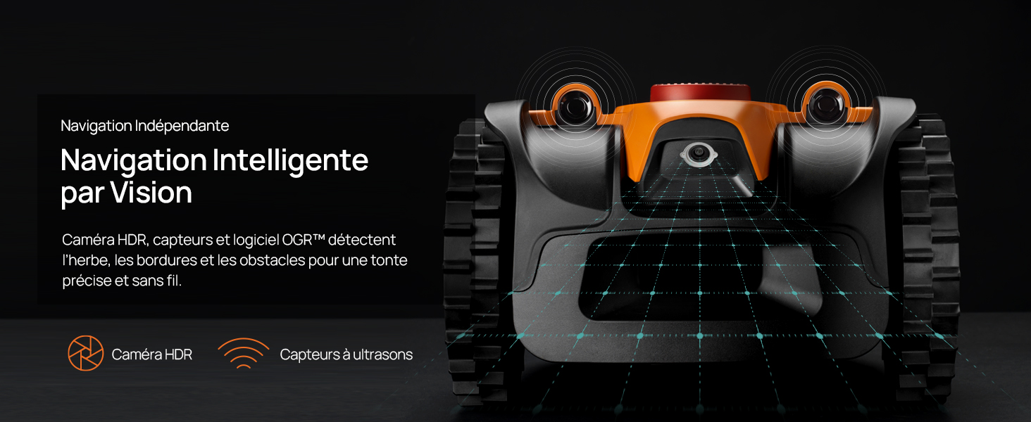 Le texte indique « Navigation intelligente par vision ». Écran d'interface à thème sombre montrant le système de navigation automobile avec des éléments graphiques orange et blanc.
