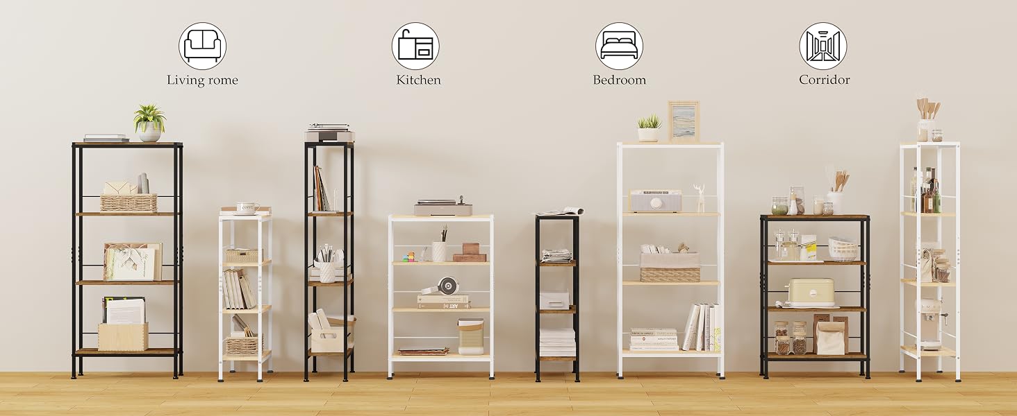 Display of eight tall narrow wooden and metal storage shelving units in various heights and widths with multiple open compartments. Natural wood finishes with metal frames, showing versatile modular storage furniture designs.