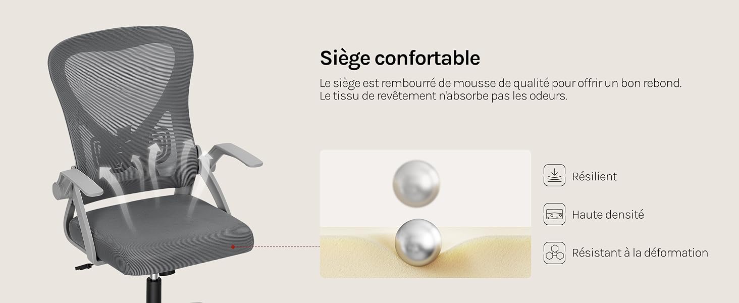 Le texte indique « Sibje confortable ». Chaise de bureau ergonomique grise avec dossier en maille vu de côté, avec plusieurs icônes de spécifications avec des éléments de design circulaires en dessous.