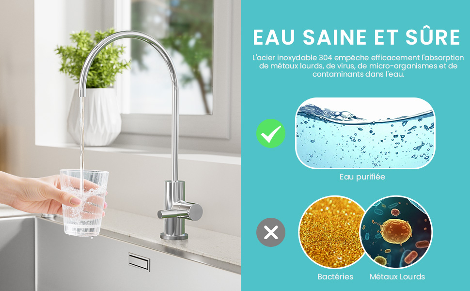 Le texte indique « EAU SAINE ET SÛRE ». Image divisée montrant un robinet de cuisine avec un verre d'eau et un schéma informatif comparant des échantillons d'eau propre à des échantillons d'eau contaminée.
