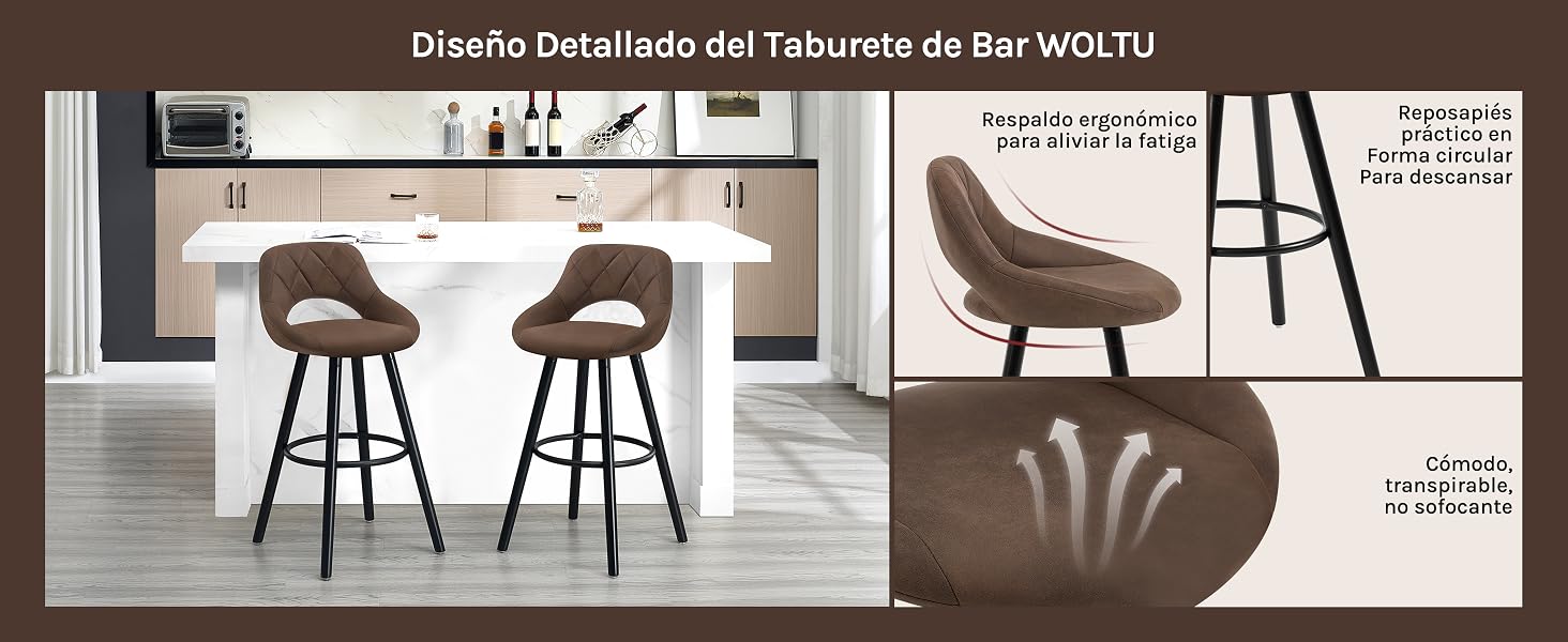 Taburetes de bar modernos tapizados en marrón con asientos y respaldos curvos, que se muestran en varias vistas sobre un fondo blanco de la encimera de la cocina