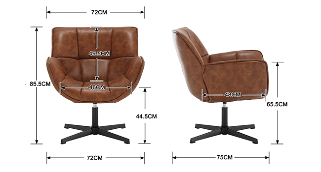 Brauner Lederdrehstuhl mit Abmessungen. Vorderansicht: 72 cm breit, 85,5 cm hoch. Seitenansicht: 75 cm tief, 65,5 cm hoch. Sitzhöhe: 44,5 cm. Sitzbreite: 49,1 cm