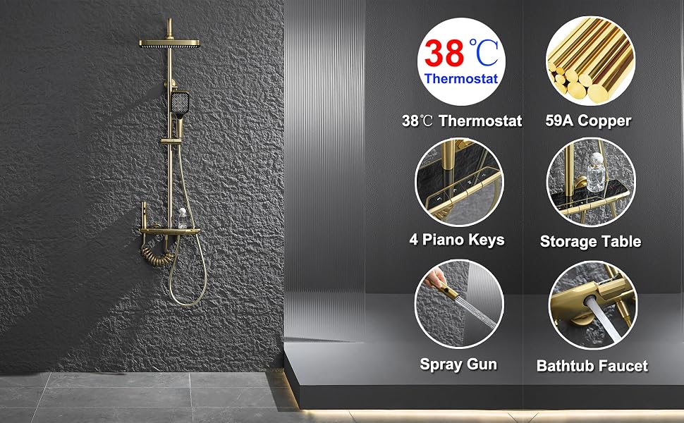 Schéma des accessoires de salle de bain présentant plusieurs caractéristiques, notamment le thermostat, le pistolet pulvérisateur, les touches de piano, la table de rangement et les spécifications du robinet de baignoire.
