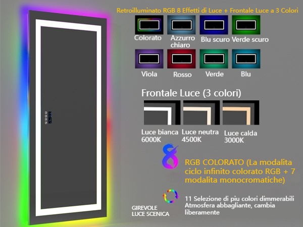 LUVODI Specchio RGB Digitale Bluetooth Bagno LED: 120x60 cm Grande Specchio Musica Bagno con Led