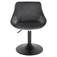 con asiento tapizado en negro, respaldo acolchado en forma de diamante y base circular de metal. Altura ajustable con mecanismo de poste central