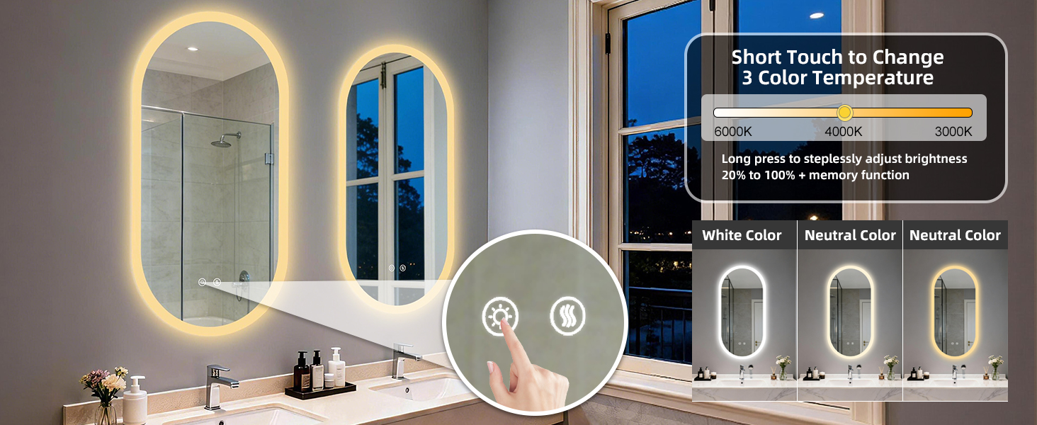 Vista aggiuntiva dello specchio da bagno a LED che mostra un design ovale illuminato con comandi touch e tre opzioni di temperatura del colore visualizzate.
