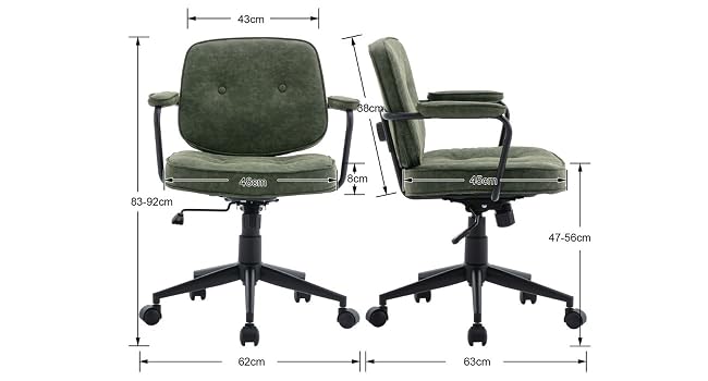 Green upholstered office chair with armrests and wheels. Front and side views show dimensions: 47-50cm height, 43cm width, 45cm depth. Tufted backrest, adjustable height, and swivel base.
