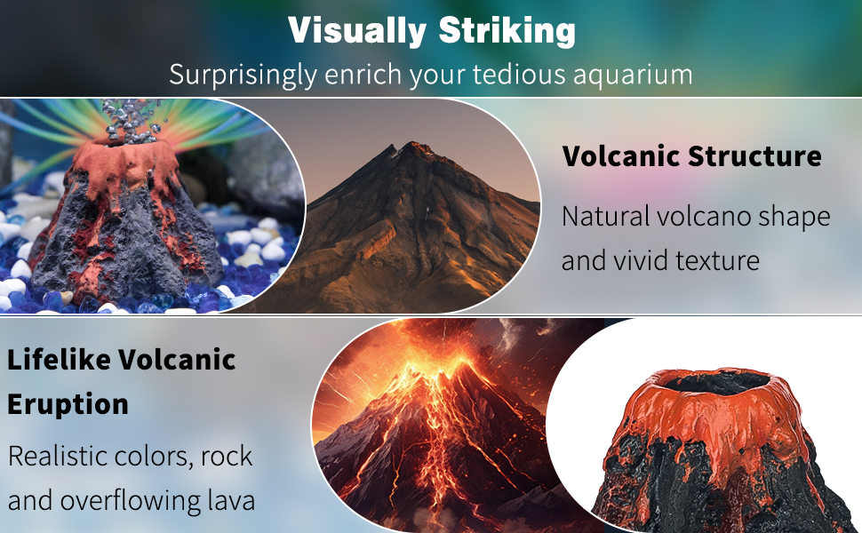 Aquarium decoration featuring a volcanic structure. Realistic rock formation with vivid lava-like details. Text highlights visually striking and lifelike volcanic eruption appearance.