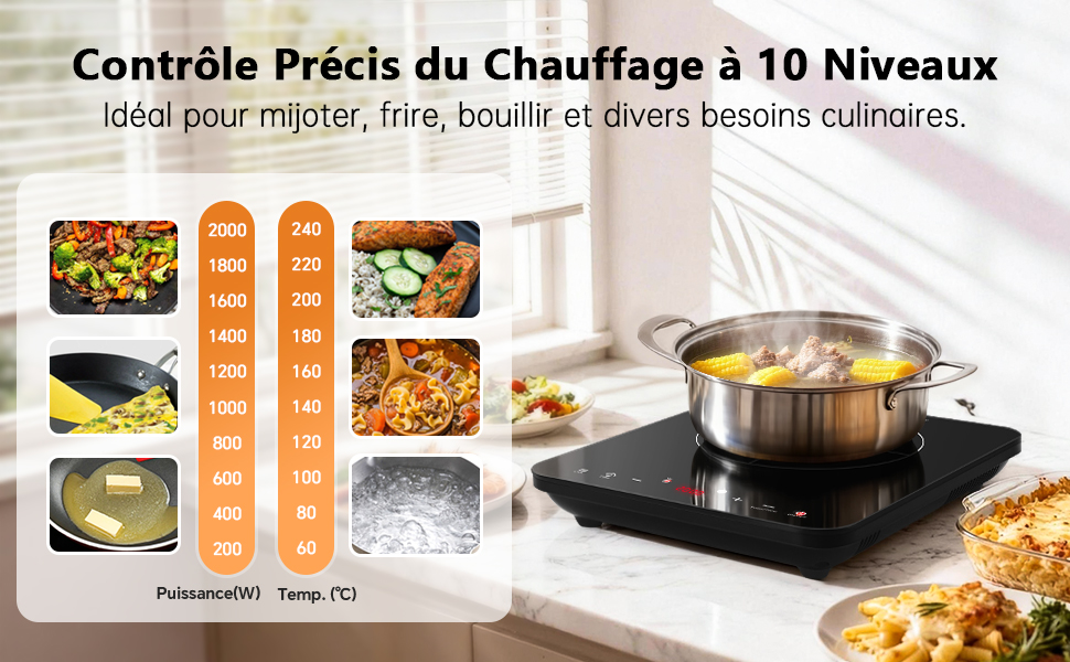 Le texte se lit comme suit : « Contrôle précis du chauffage à 10 niveaux ». Collage de scènes de cuisine montrant divers plats préparés sur une cuisinière avec réglage de température.