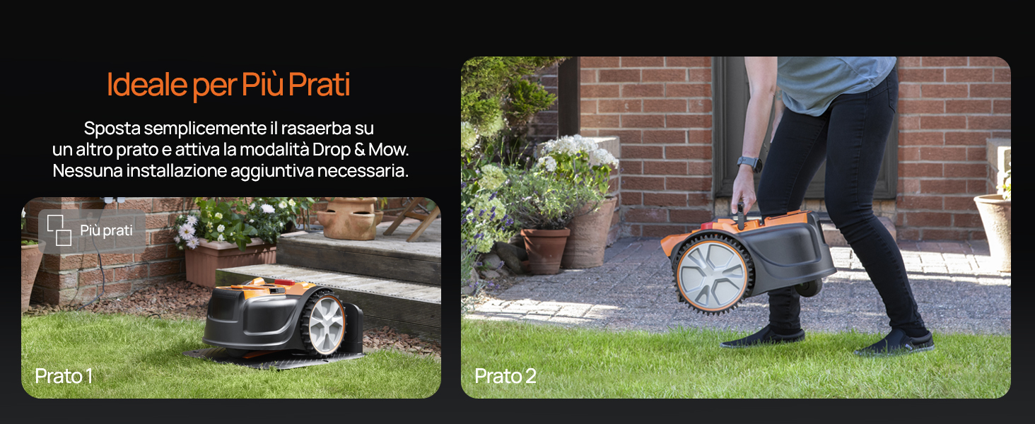 Il testo recita «Ideale per Più Prati» con due pannelli che illustrano l'uso delle attrezzature da giardino. Le immagini mostrano le attrezzature per la manutenzione esterna in azione.