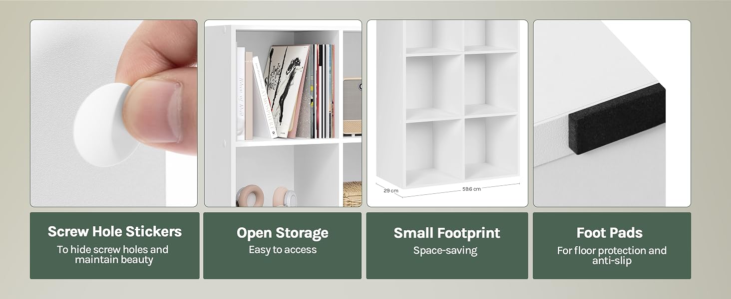 Storage solution components showing white screw hole covers, open shelving unit, compartment dividers, and black non-slip foot pads.