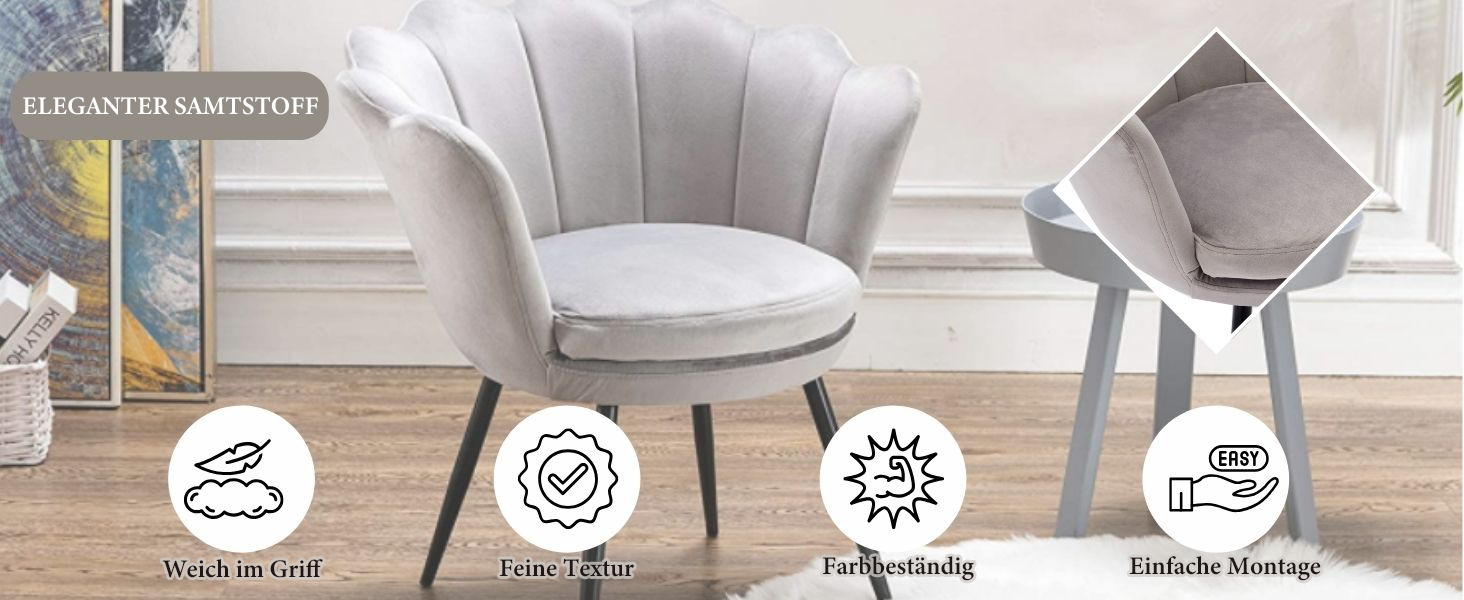 Der Text lautet „ELEGANTER SAMTSTOFF“. Sessel aus grauem Samt mit geschwungener Rückenlehne, auf der sich vier Ausstattungssymbole befinden: weicher Griff, feine Struktur, Farbechtheit und Indikatoren für einfache Montage.