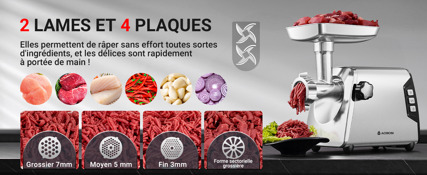 avec 2 lames et 4 plaques de hachage, offrant différents résultats de hachage, des textures grossières aux textures fines, illustrés par des icônes circulaires rouges