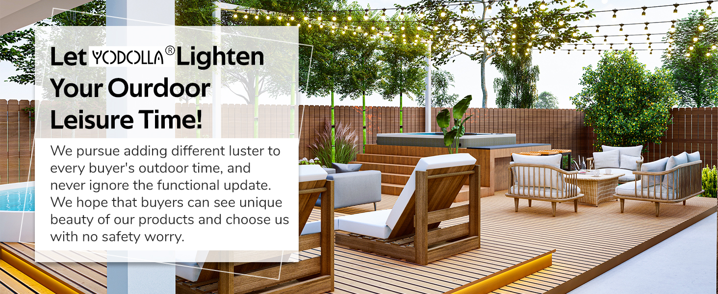 Text lautet „Your Outdoor Leisure Time!“ gefolgt von beschreibendem Text.
[SENTENCE 11] Zeigt eine Terrasse im Freien mit Möbeln und Umgebungsbeleuchtung.