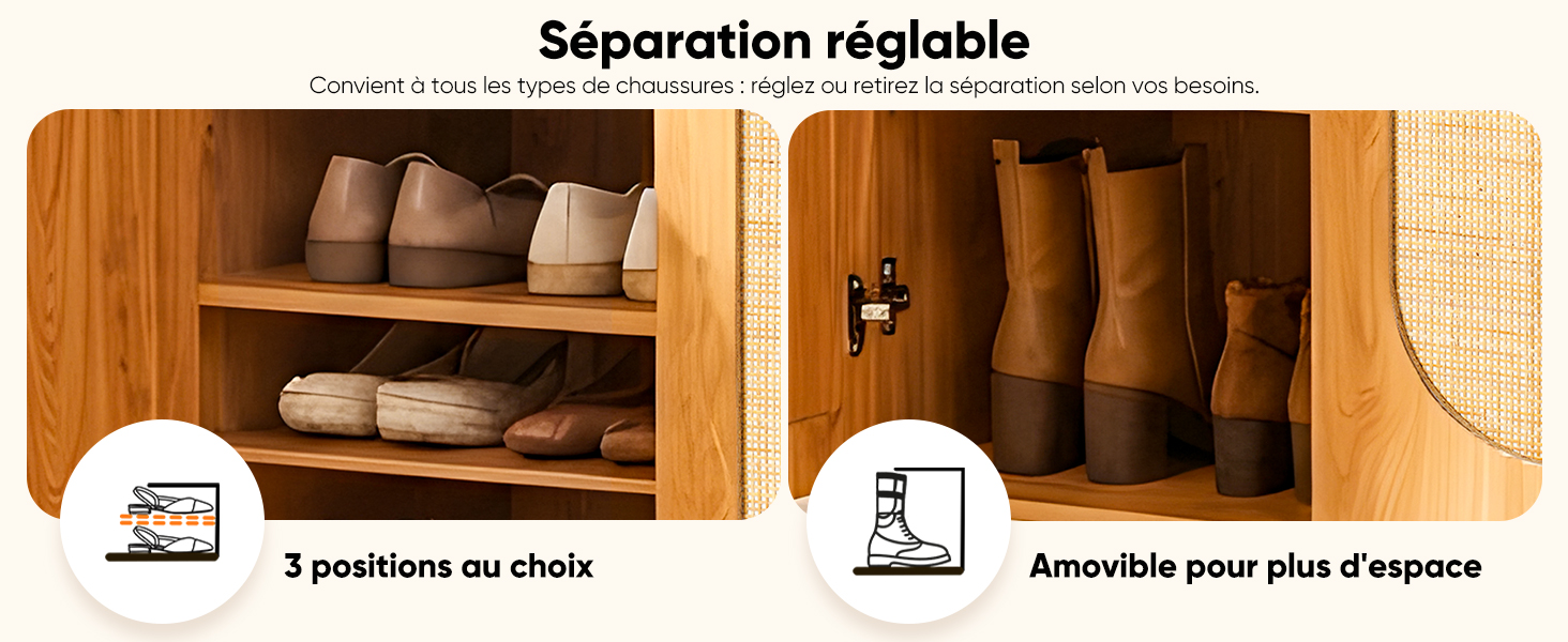 Le texte indique « Séparation réglable » et « 3 positions au choix ». Panneaux multiples présentant les options de configuration des meubles ou des rangements avec espacement ajustable.