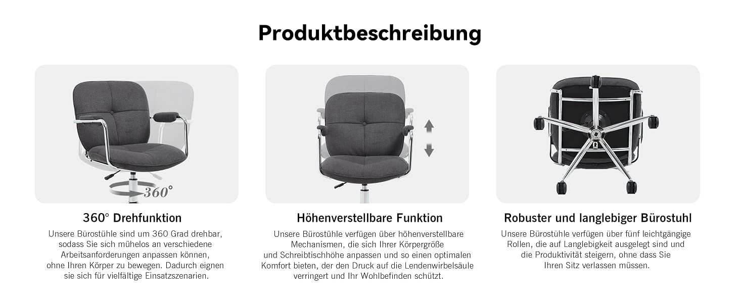 Der Text lautet „Produktbeschreibung“. Mehrere Produktbilder zeigen verschiedene Ansichten und Positionen eines grauen Büro- oder Gaming-Stuhls mit verstellbaren Funktionen und mechanischen Komponenten.