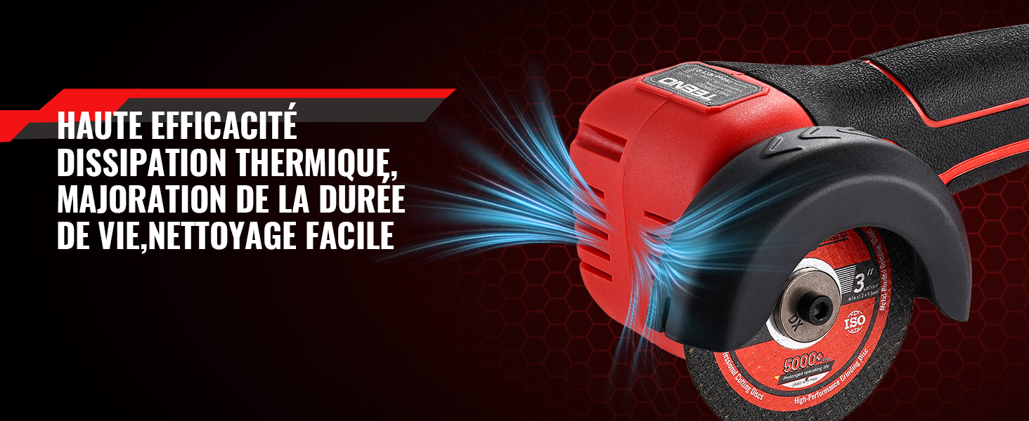 Le texte se lit comme suit : « HAUTE EFFICACITÉ DISSIPATION THERMIQUE, MAJORISATION DE LA DURÉE DE VIE-NETTOYAGE FACILE ». Perceuse électrique portable rouge et bleue avec système de refroidissement par dissipation thermique illustré sur fond sombre.