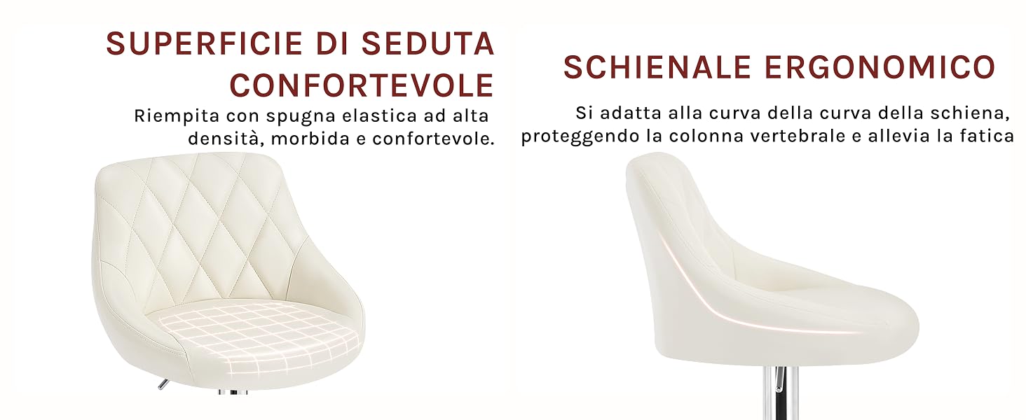 Due sedie bianche dal design ergonomico. La sedia sinistra ha un rivestimento trapuntato e un testo che descrive una comoda seduta. La sedia destra ha uno schienale curvo con testo sul supporto ergonomico.