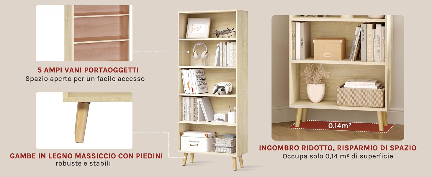 Libreria in legno con più ripiani e scomparti. Le caratteristiche includono un design salvaspazio, gambe in legno massello con piedini e varie opzioni di archiviazione per libri