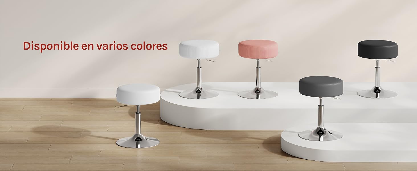 El texto dice «Disponible en varios colores».
[SENTENCE 16] Varios soportes o soportes de escritorio circulares se muestran en diferentes colores, incluidos negro, blanco y rosa, dispuestos en fila.