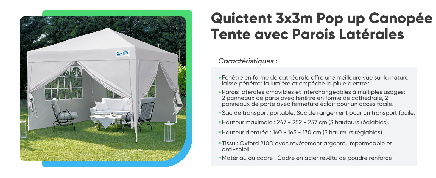 Le texte indique « Canopée escamotable Quictent 3 x 3 m ». Images du produit montrant une tente à baldaquin extérieure blanche avec spécifications et instructions de montage.