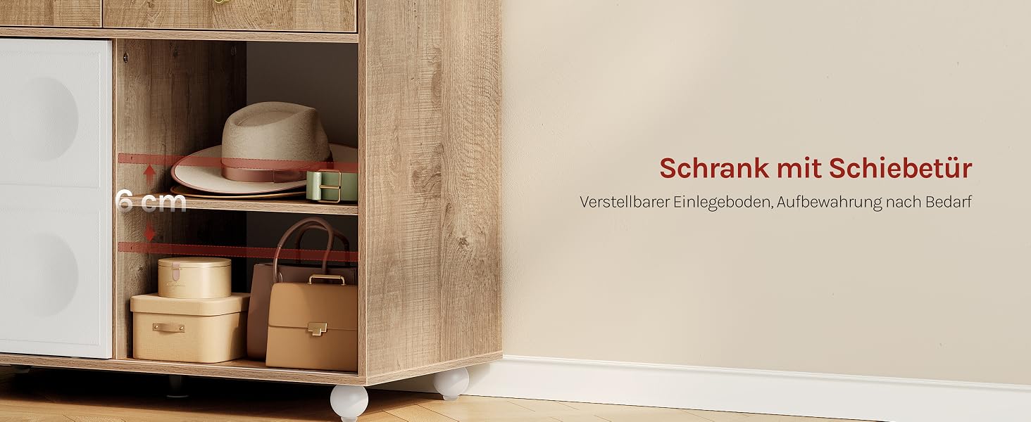 Text lautet „Schrank mit Schiebetür“ und deutsche Produktbeschreibung. Holzschrank mit Schiebetürmechanismus in natürlicher Innenausstattung mit sichtbaren Regalen im Inneren.