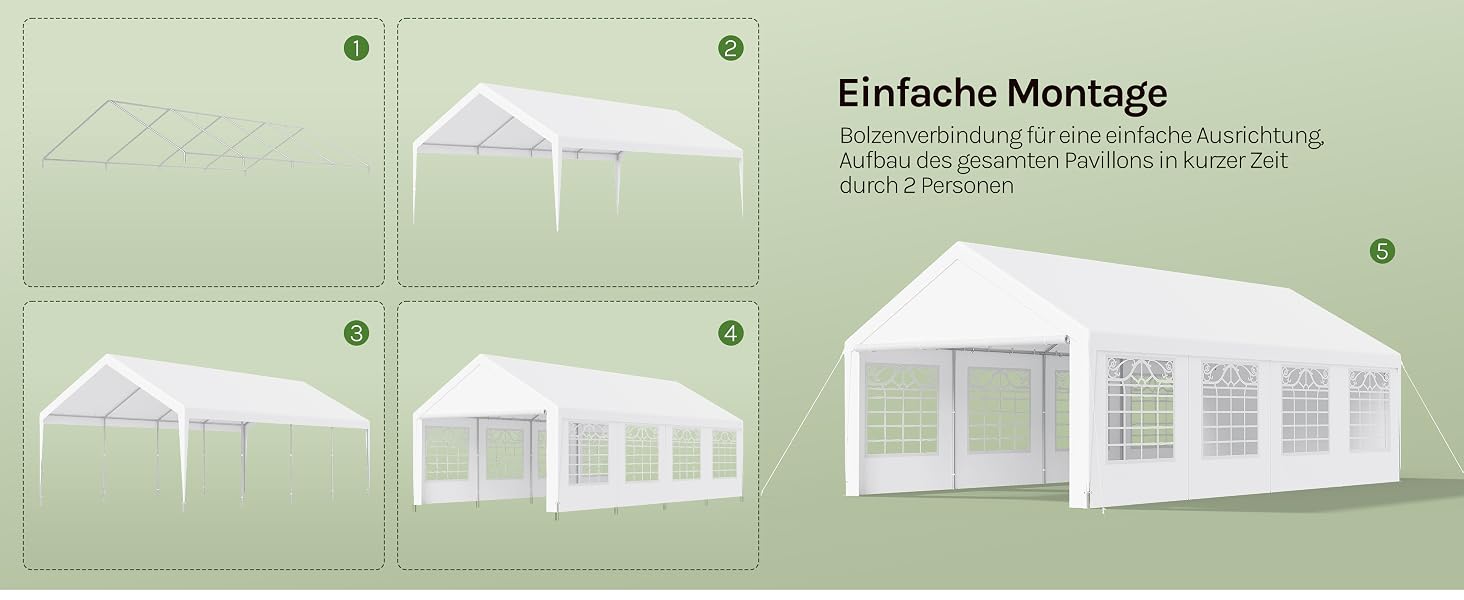 Der Text lautet „Einfache Montage“. Grüner Hintergrund mit sechs verschiedenen Zelt-/Baldachinkonfigurationen und Abbildungen des Montagediagramms mit Maßangaben.