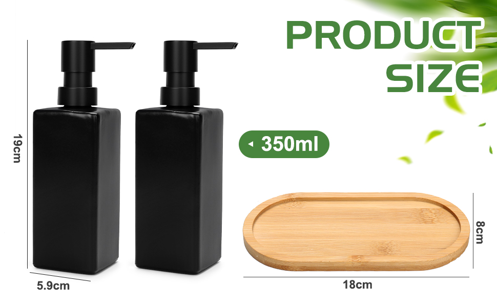 Deux distributeurs de savon carrés noirs avec dessus de pompe, capacité de 350 ml, 5,9 cm de large. Plateau en bois de 18 cm de long pour l'organisation de la salle de bain