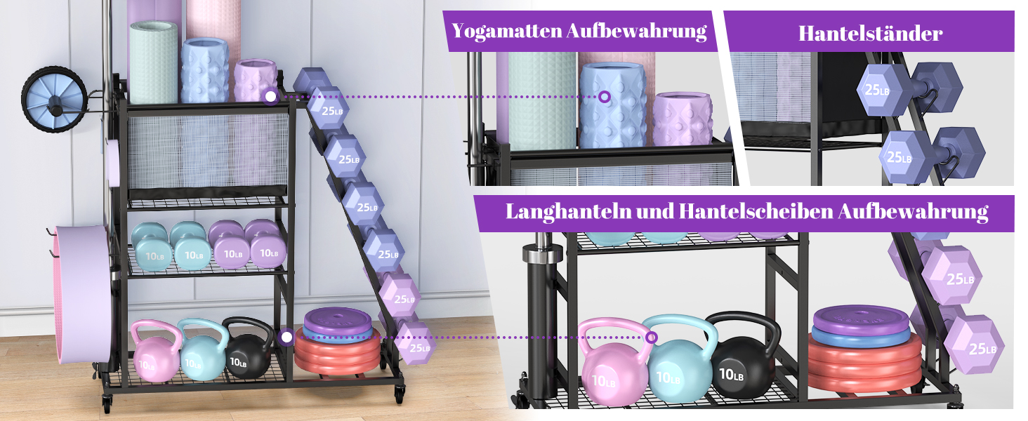 Zweistöckiges Aufbewahrungsregal aus schwarzem Metall mit verschiedenen Trainingsgeräten wie Gewichten, Widerstandsbändern und Schaumstoffrollen. Violette Textbeschriftungen verschiedener Fitness-Kategorien