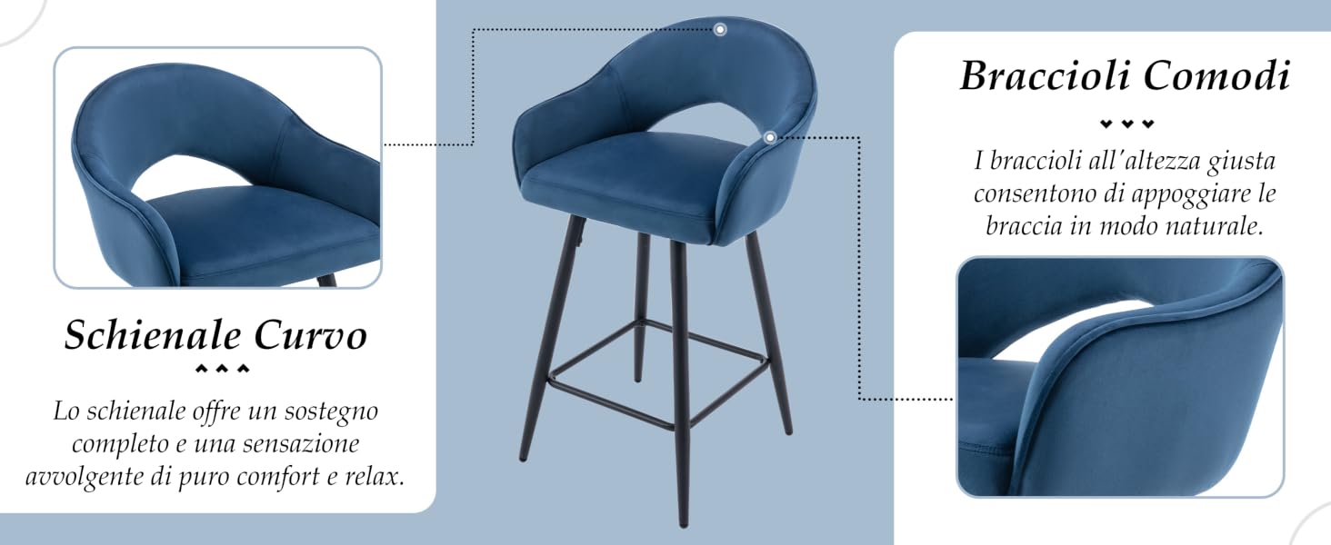con schienale e braccioli curvi. Le caratteristiche includono una comoda seduta, un design curvo per il supporto e gambe in metallo. Le viste multiple mostrano la forma ergonomica dello sgabello