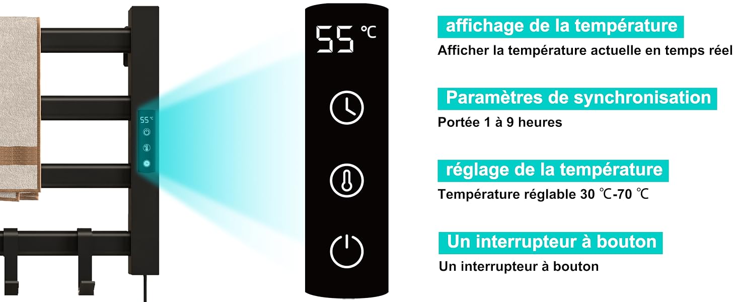 Panel de control digital del calentador de toallas que muestra la temperatura, la configuración de la hora y las opciones de tiempo con una interfaz de texto en francés.