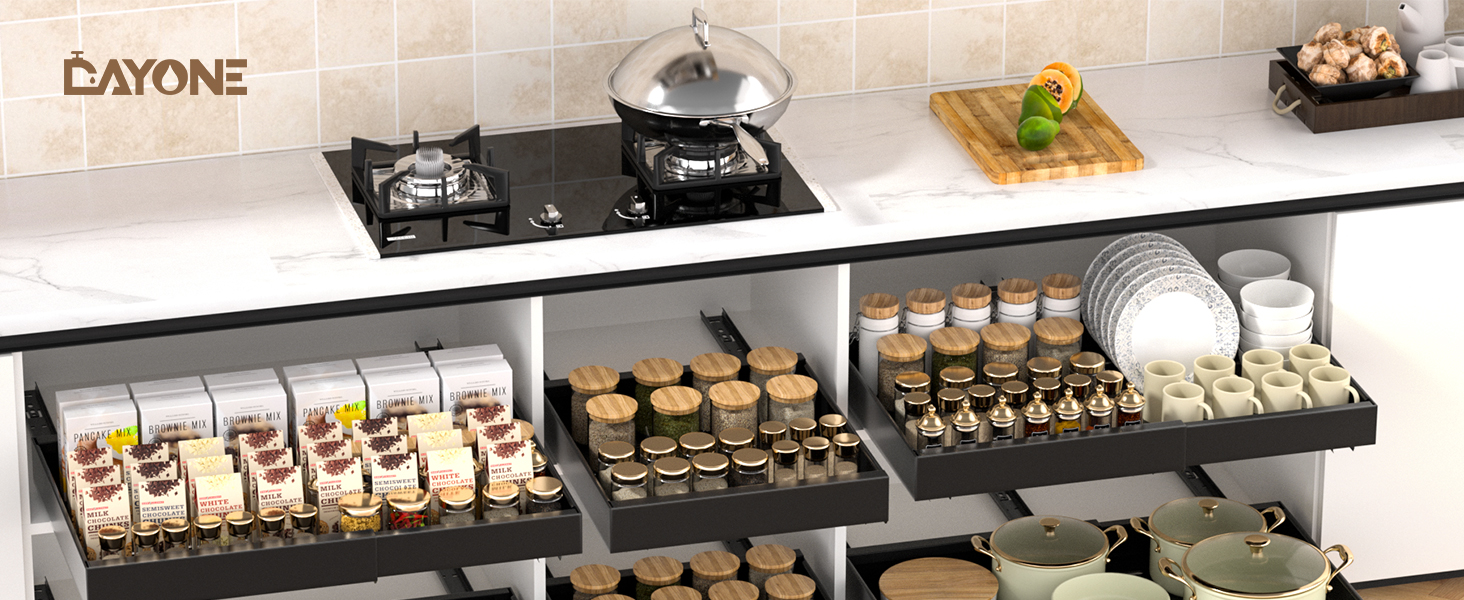 Modern kitchen countertop with black glass cooktop, organized storage shelves below displaying jars, plates, and cooking ingredients. Dayone brand logo visible on wall.