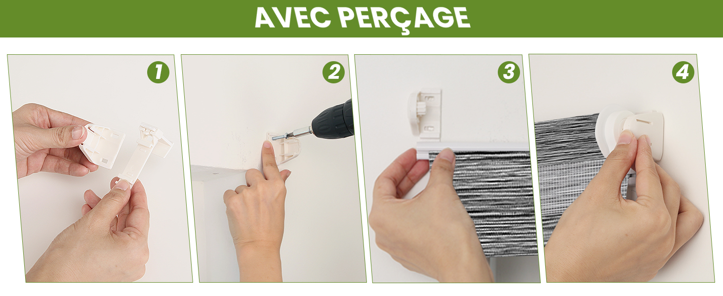 Guide d'instructions en quatre étapes en français pour un projet d'artisanat, montrant des mains manipulant du papier ou du tissu à l'aide d'outils tels que des ciseaux et des crayons