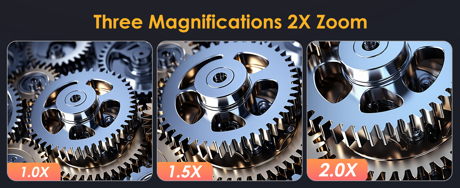 Drei Nahaufnahmen von Metallzahnrädern bei zunehmender Vergrößerung: 1,0x, 1,5x und 2,0x. Zeigt die filigranen Zähne und mechanischen Details der Zahnräder.