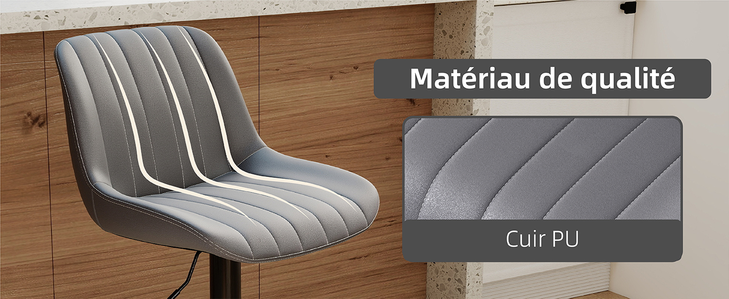 Le texte indique « Matériau de qualité Cuir PU ». Plusieurs images de chaises de bureau grises montrant différents angles et détails du design et du rembourrage de la chaise.
