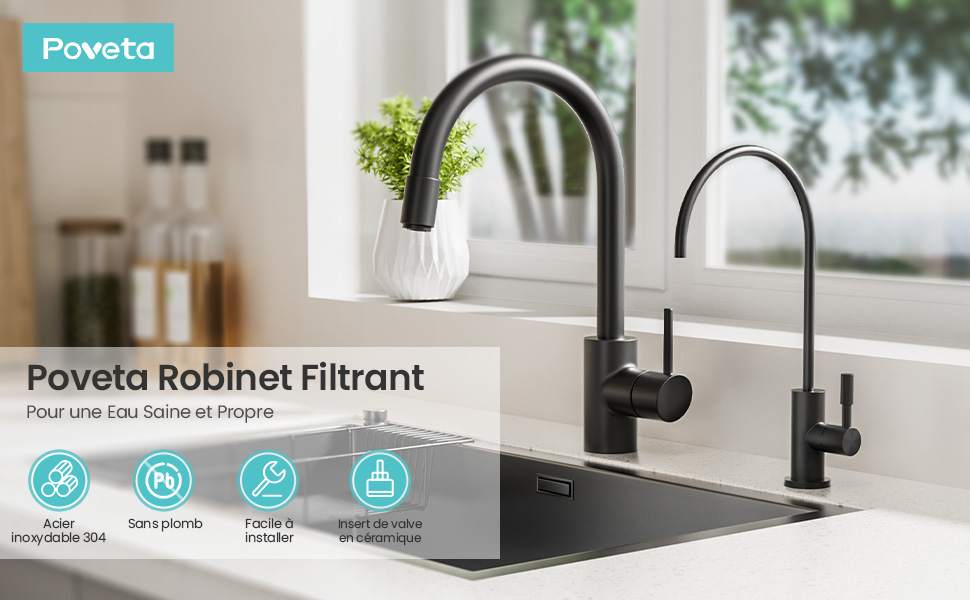 Le texte « Poveta Robinet Filtrant » montre deux robinets de cuisine modernes au fini noir mat avec des icônes indiquant les caractéristiques du produit ci-dessous.