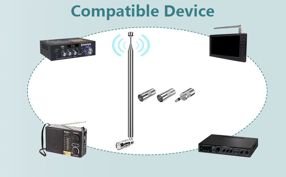 Telescopic antenna with compatible devices: amplifier, radio, tablet, and audio equipment. Three metal adapters shown. Wireless connectivity icon indicates signal transmission.