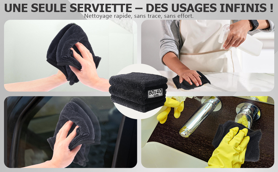 Image à panneaux multiples montrant un chiffon en microfibre noir utilisé pour nettoyer diverses surfaces : vitre de voiture, comptoir de cuisine et table en bois avec des produits de nettoyage