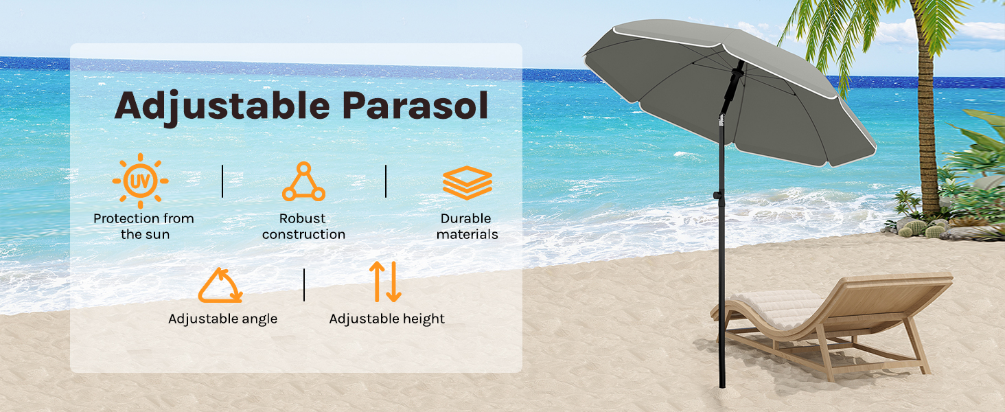 Beach umbrella product diagram showing features including adjustable parasol with sun protection, wind resistance, and portability features against beach background.