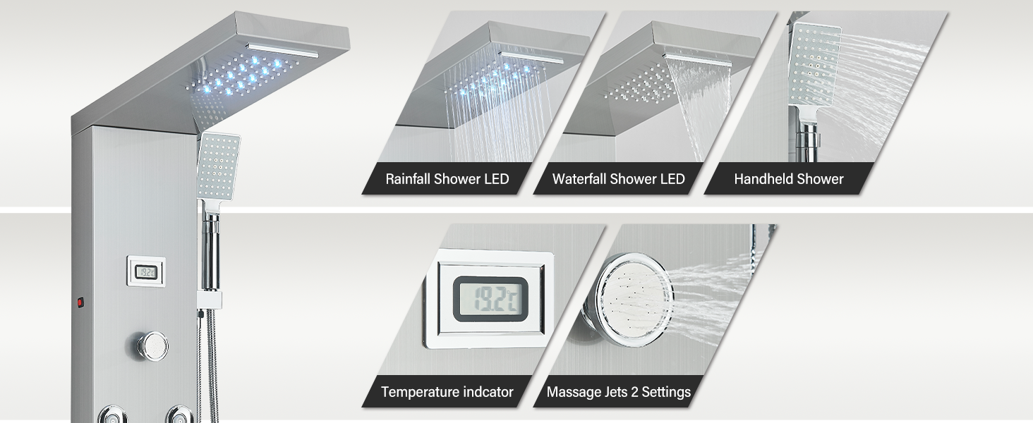 FUZ Shower Panel Tower System, Stainless Steel 6 IN 1 Shower Panel System with LED rain Shower Head
