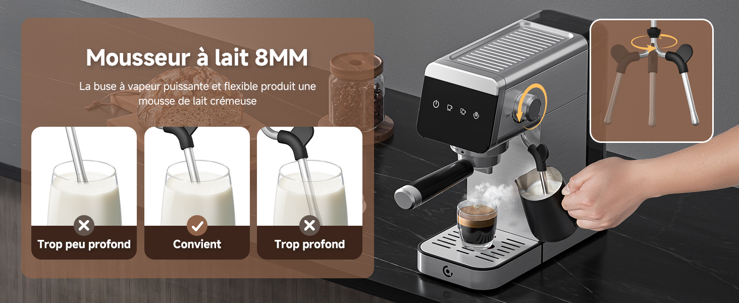 montrant les trois étapes du processus de moussage du lait, la machine et ses accessoires étant visibles sur des panneaux d'instructions.