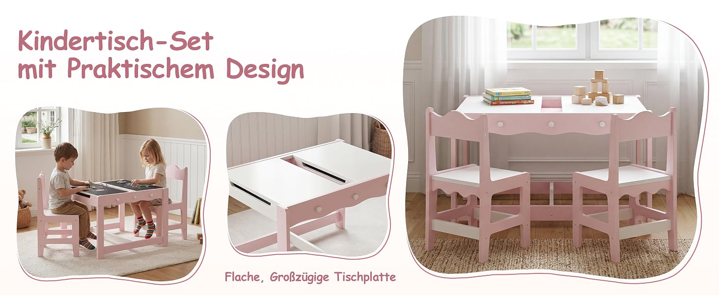 Der Text lautet „Kindertisch-Set mit praktischem Design“. Rosafarbenes Kindertischset mit passenden Stühlen, abgebildet in Raumgestaltung und individuellen Ansichten.